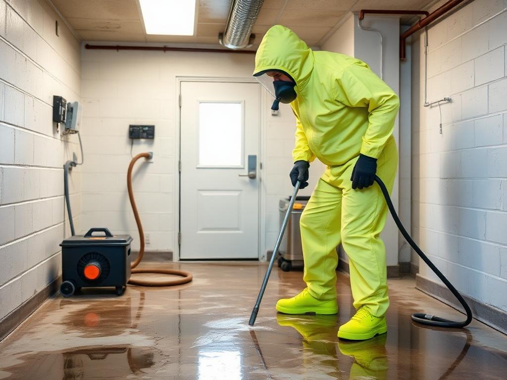 Technician extracting contaminated water from a flooded basement